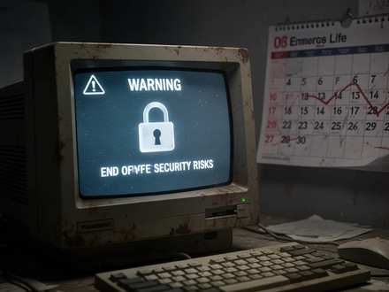 An old computer monitor displaying a security warning, with a calendar in the background highlighting a past date, symbolizing end of life. - Foto: über boerse-global.de
