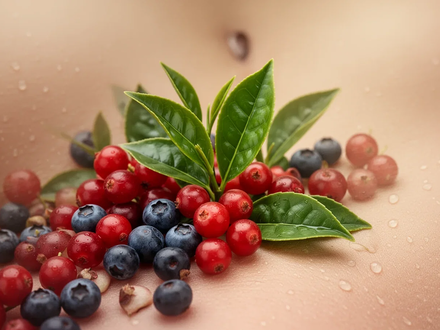 Nahaufnahme von frischen Beeren und grünen Teeblättern, mit einem unscharfen Hintergrund, der gesunde Hauttextur andeutet. - Foto: über boerse-global.de