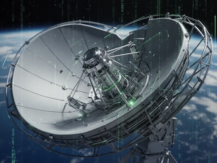 Nahaufnahme einer modernen Satellitenschüssel mit komplexen Komponenten vor dem Hintergrund der Erde aus dem Weltraum mit Datenströmen. - Foto: über boerse-global.de
