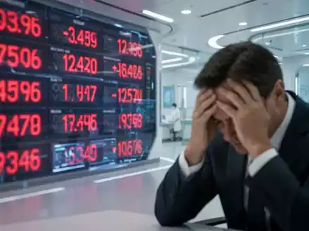Ein unscharfer digitaler Börsenticker mit roten Verlustzahlen im Hintergrund und ein verzweifelter Manager im Vordergrund. - Foto: über boerse-global.de