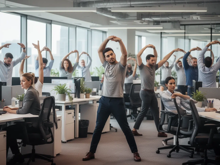 Büroangestellte führen Dehn- und Haltungsübungen an ergonomischen Arbeitsplätzen durch, um Beweglichkeit und Gesundheit zu fördern. - Foto: über boerse-global.de