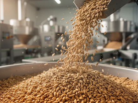 Nahaufnahme von Biertreber, der zu einem neuen Lebensmittelprodukt verarbeitet wird, mit unscharfem Hintergrund einer modernen Anlage. - Foto: über boerse-global.de