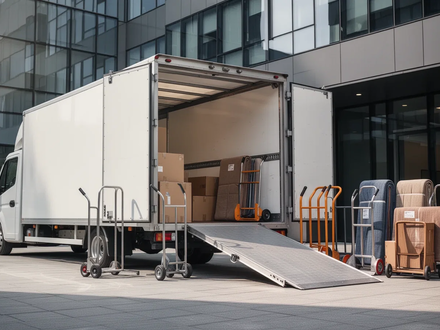 Ein moderner Umzugswagen mit ausgefahrener Rampe vor einem Gebäude, mit organisiertem Umzugsequipment wie Sackkarren und Decken. - Foto: über boerse-global.de