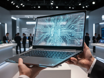 Sleek, budget-friendly laptop with glowing AI circuitry, held in a modern tech showroom, symbolizing affordable AI computing. - Foto: über boerse-global.de
