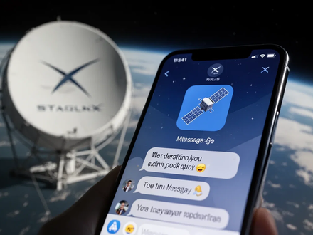 A smartphone screen with a satellite icon and messages, against a blurred backdrop of a Starlink satellite dish and Earth. - Foto: über boerse-global.de