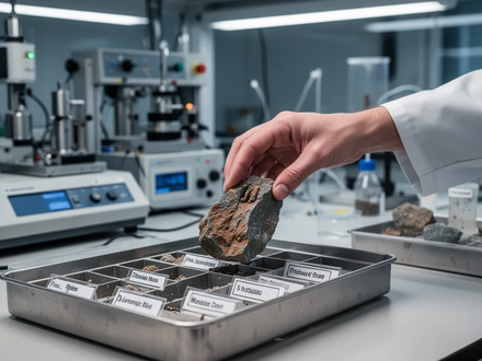 Geologenhand platziert einen Bohrkern in einer Probebox in einem Labor, mit Analysegeräten im Hintergrund. - Foto: über boerse-global.de