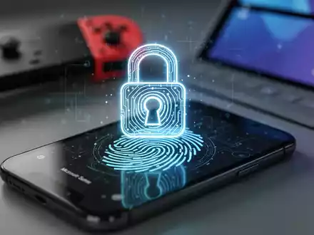 A glowing digital lock icon over a fingerprint scan on a smartphone, with blurred Nintendo Switch and Microsoft Surface in the background. - Foto: über boerse-global.de