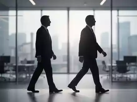 Zwei abstrakte Silhouetten von Führungskräften, eine weicht zurück, die andere tritt vor, vor einem modernen Bürohintergrund. - Foto: über boerse-global.de