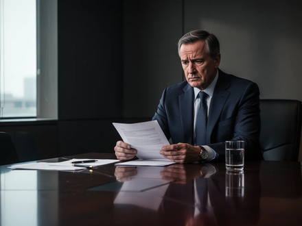 Ein nachdenklicher Manager mittleren Alters sitzt an einem Konferenztisch und betrachtet ein Dokument, das einen Aufhebungsvertrag darstellt. - Foto: über boerse-global.de