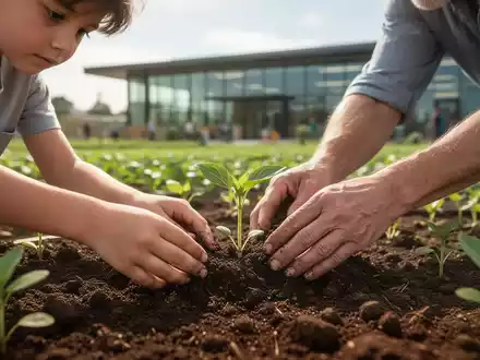 Hände eines Jugendlichen und eines Erwachsenen pflanzen Setzlinge in Erde, mit verschwommenen Feldern und Gebäude im Hintergrund. - Foto: über boerse-global.de