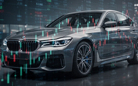 Ein modernes BMW-Fahrzeug mit angedeuteten digitalen Finanzdaten, das Luxus und die Automobilindustrie repräsentiert. - Foto: über boerse-global.de