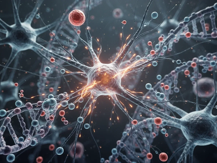 Mikroskopische Ansicht von Neuronen mit leuchtenden Verbindungen, DNA-Strängen und Hormonmolekülen, die Stoffwechsel und Hirnforschung symbolisieren. - Foto: über boerse-global.de