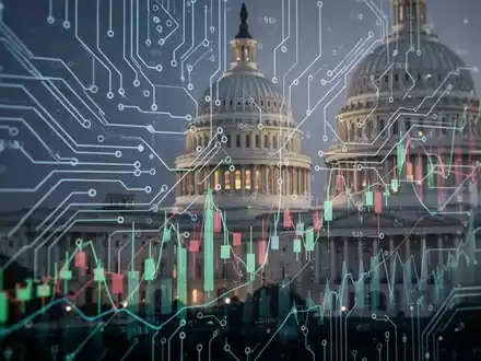 Abstract image showing intertwined digital circuits and financial graphs, with a blurred US Capitol building in the background. - Foto: über boerse-global.de