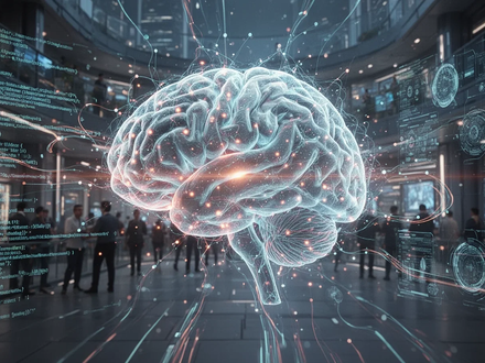 A stylized glowing AI brain connected to lines of code and a digital interface, symbolizing advanced artificial intelligence in a tech environment. - Foto: über boerse-global.de