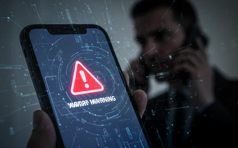 Nahaufnahme eines Smartphone-Bildschirms mit einer Warnmeldung, die auf Betrug oder einen gefälschten Anruf hinweist, mit verschwommener Person im Hintergrund. - Foto: über boerse-global.de