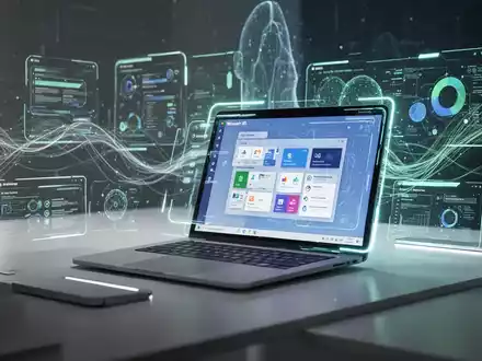 A futuristic digital UI kit with glowing lines on a minimalist desk, displaying Microsoft 365 apps and abstract data flow. - Foto: über boerse-global.de