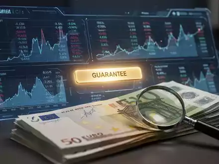 Eine KI-Schnittstelle zeigt Finanzdaten und eine Geld-zurück-Garantie, mit Euro-Banknoten und einer Lupe im Vordergrund. - Foto: über boerse-global.de