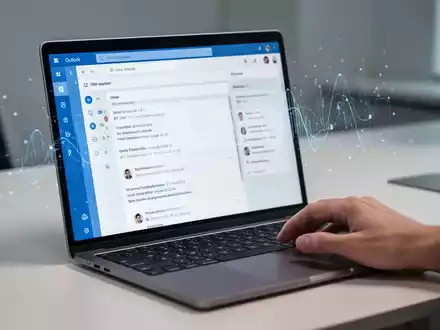 A close-up of a laptop screen displaying the Outlook email interface with abstract AI visualizations, and a hand using a mouse. - Foto: über boerse-global.de