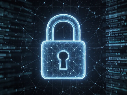 Ein stilisiertes digitales Vorhängeschloss mit einem Netzwerkraster, das blau leuchtet, vor einem dunklen Hintergrund aus Datenströmen. - Foto: über boerse-global.de