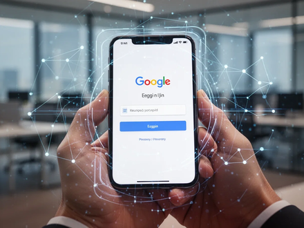 A hand holding a smartphone displaying a Google login screen, with abstract digital security elements overlaid. - Foto: über boerse-global.de