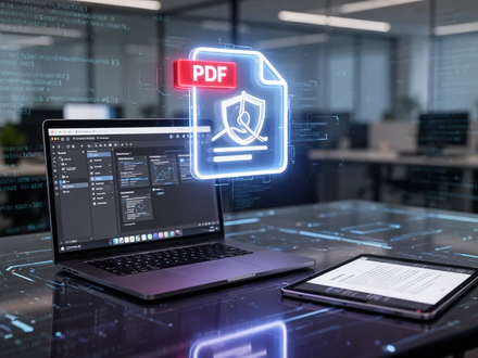 A glowing PDF icon hovers over a futuristic desk with a laptop displaying editing tools and a tablet showing a document. - Foto: über boerse-global.de