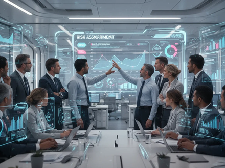 Eine Gruppe von Fachleuten in einem modernen Büro betrachtet holographische Bildschirme mit Arbeitsschutzdaten und KI-Analysen. - Foto: über boerse-global.de