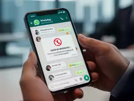 Ein Smartphone zeigt eine WhatsApp-Nachricht mit einer Betrugswarnung. Hände halten das Telefon in einem professionellen Umfeld. - Foto: über boerse-global.de