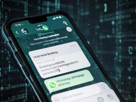 Nahaufnahme eines Smartphone-Bildschirms mit einer gefälschten Hotelbuchungsbestätigung und einer WhatsApp-Nachricht, im Hintergrund verschwommen eine abstrakte digitale Oberfläche. - Foto: über boerse-global.de