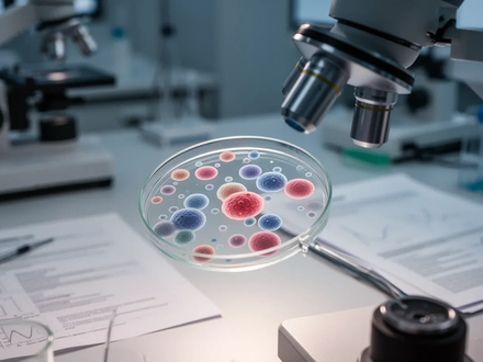 Nahaufnahme von Prostatakrebszellen unter einem Mikroskop, umgeben von verschwommenen Laborgeräten. - Foto: über boerse-global.de