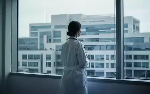 Eine Ärztin im weißen Kittel steht vor einem Fenster und blickt auf ein modernes Krankenhausgebäude. - Foto: über boerse-global.de
