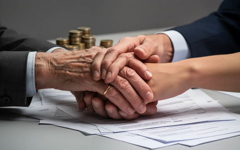 Eine ältere Hand ruht auf einer jüngeren Hand, mit leicht unscharfen Münzen und Dokumenten im Hintergrund. - Foto: über boerse-global.de