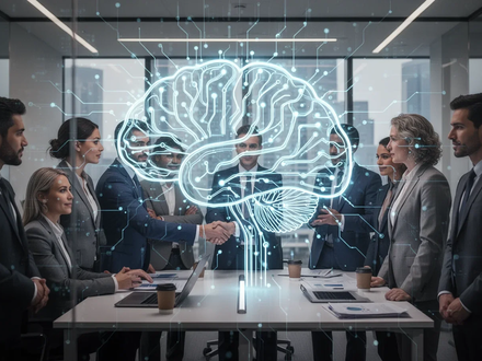 Ein stilisiertes, leuchtendes neuronales Netzwerk-Symbol über einer Gruppe von Geschäftsleuten im modernen Büro, das KI im Personalwesen symbolisiert. - Foto: über boerse-global.de