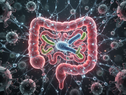 Eine Nahaufnahme einer komplexen, leuchtenden Darstellung der Darm-Hirn-Achse, die Neuronen und Darmmikrobiota verbindet. - Foto: über boerse-global.de