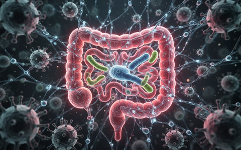Eine Nahaufnahme einer komplexen, leuchtenden Darstellung der Darm-Hirn-Achse, die Neuronen und Darmmikrobiota verbindet. - Foto: über boerse-global.de