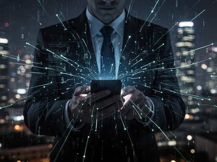 Eine dunkle Silhouette eines Anzugträgers, der ein Smartphone hält, aus dem digitale Datenströme und leuchtende Linien entweichen. - Foto: über boerse-global.de
