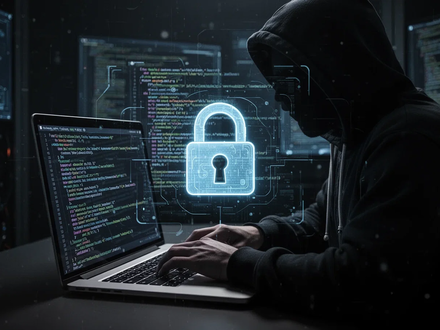 A shadowy figure in a hoodie types on a laptop, with a digital lock icon superimposed over code on the screen, symbolizing a ransomware attack. - Foto: über boerse-global.de