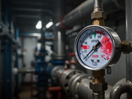 Ein Manometer oder Sensor zeigt kritische Sauerstoffwerte in einer engen, industriellen Umgebung an, mit unscharfem Hintergrund. - Foto: über boerse-global.de