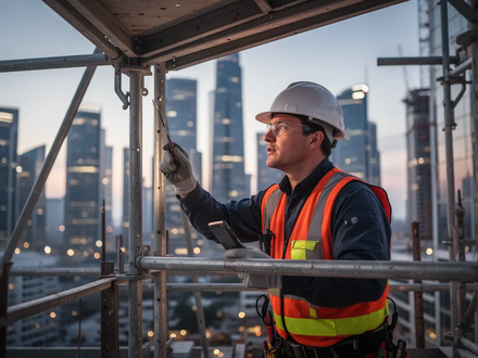 Ein Bauarbeiter in Schutzkleidung inspiziert ein Gerüst, im Hintergrund eine verschwommene Stadtlandschaft bei Dämmerung. - Foto: über boerse-global.de