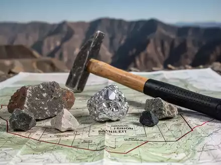 Ein Geologenhammer und Germanium-Mineralproben auf einer topografischen Karte, die ein Bergbaugebiet zeigt. - Foto: über boerse-global.de