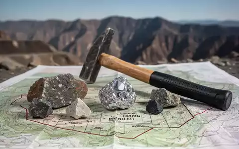 Ein Geologenhammer und Germanium-Mineralproben auf einer topografischen Karte, die ein Bergbaugebiet zeigt. - Foto: über boerse-global.de