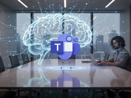 A glowing AI brain overlaid on a modern conference table with a holographic Microsoft Teams logo, symbolizing AI integration and collaboration. - Foto: über boerse-global.de