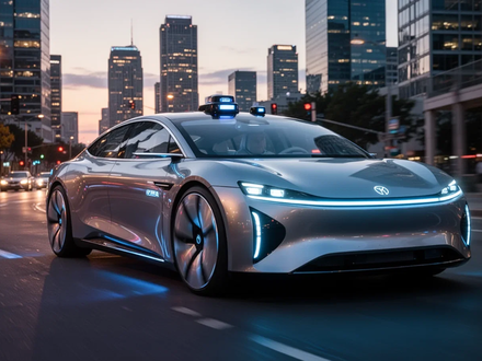 A futuristic electric self-driving car with illuminated sensors navigates a city street at dusk, with an urban skyline in the background. - Foto: über boerse-global.de