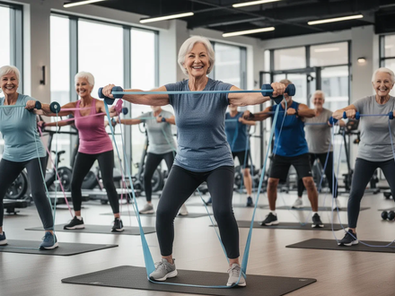 Senioren nehmen an einem Fitnesskurs teil, machen leichte Kraft- und Mobilitätsübungen mit Widerstandsbändern. - Foto: über boerse-global.de