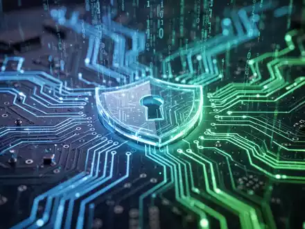 A glowing, futuristic circuit board with intricate pathways and data streams, symbolizing digital security and updates. - Foto: über boerse-global.de