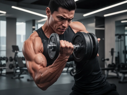 Eine Person führt einen kontrollierten Bizeps-Curl mit einer Hantel in einem modernen Fitnessstudio aus, der die Muskelkontraktion betont. - Foto: über boerse-global.de
