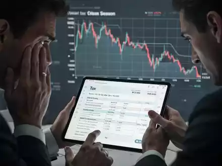 Eine Person betrachtet mit besorgter Miene ein Tablet mit Steuerformularen und einem fallenden Kursdiagramm im Hintergrund. - Foto: über boerse-global.de