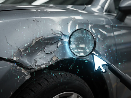 Nahaufnahme eines beschädigten Autos, das digitale Manipulationen durch KI zeigt, mit überlagerten Elementen, die Betrug andeuten. - Foto: über boerse-global.de