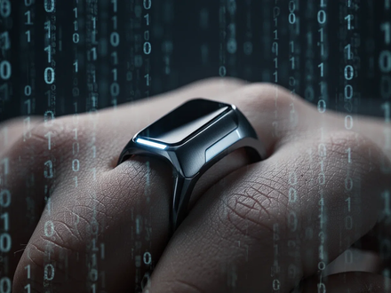 A smart ring on a finger, with a blurred background of digital code, symbolizing a data breach in health monitoring technology. - Foto: über boerse-global.de