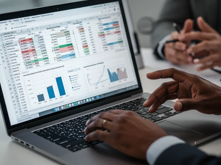 Close-up of hands typing on a laptop with a spreadsheet program open, displaying data and charts. - Foto: über boerse-global.de