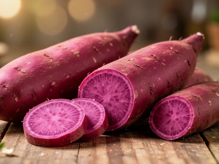 Nahaufnahme von ganzen und geschnittenen violetten Süßkartoffeln, die ihre lebendige Farbe und Textur zeigen. - Foto: über boerse-global.de